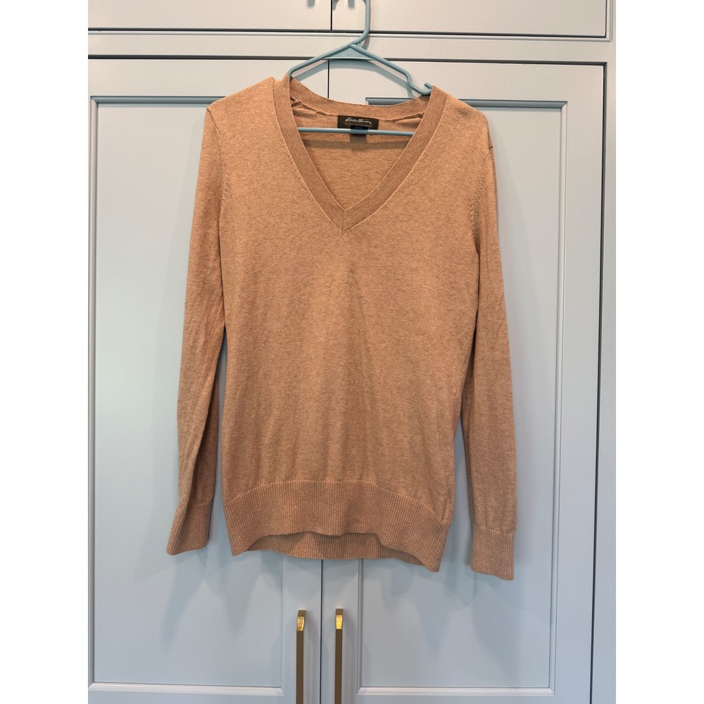 VTG Eddie Bauer Men Tan Cotton Cashmere V-Neck Sweater Med Camel Knit Pullover